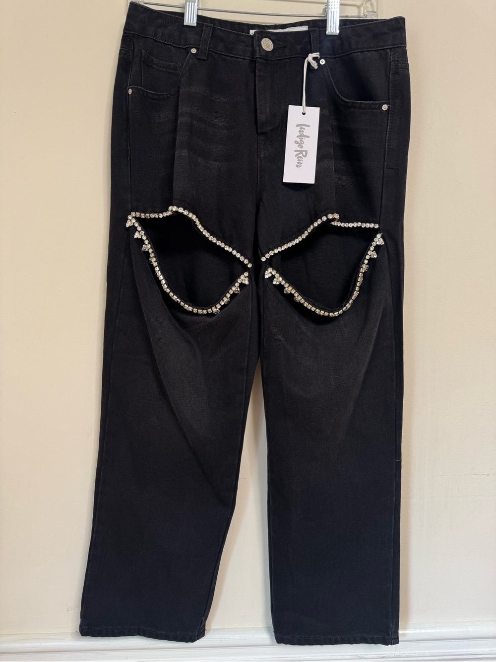 Indigo Rein Black Straight-Leg Jeans with Rhinestone Knee Cutouts